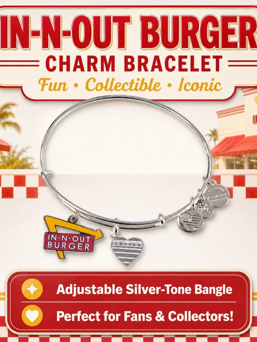 Silver Charm Bangle Bracelet with Yellow & Red Logo